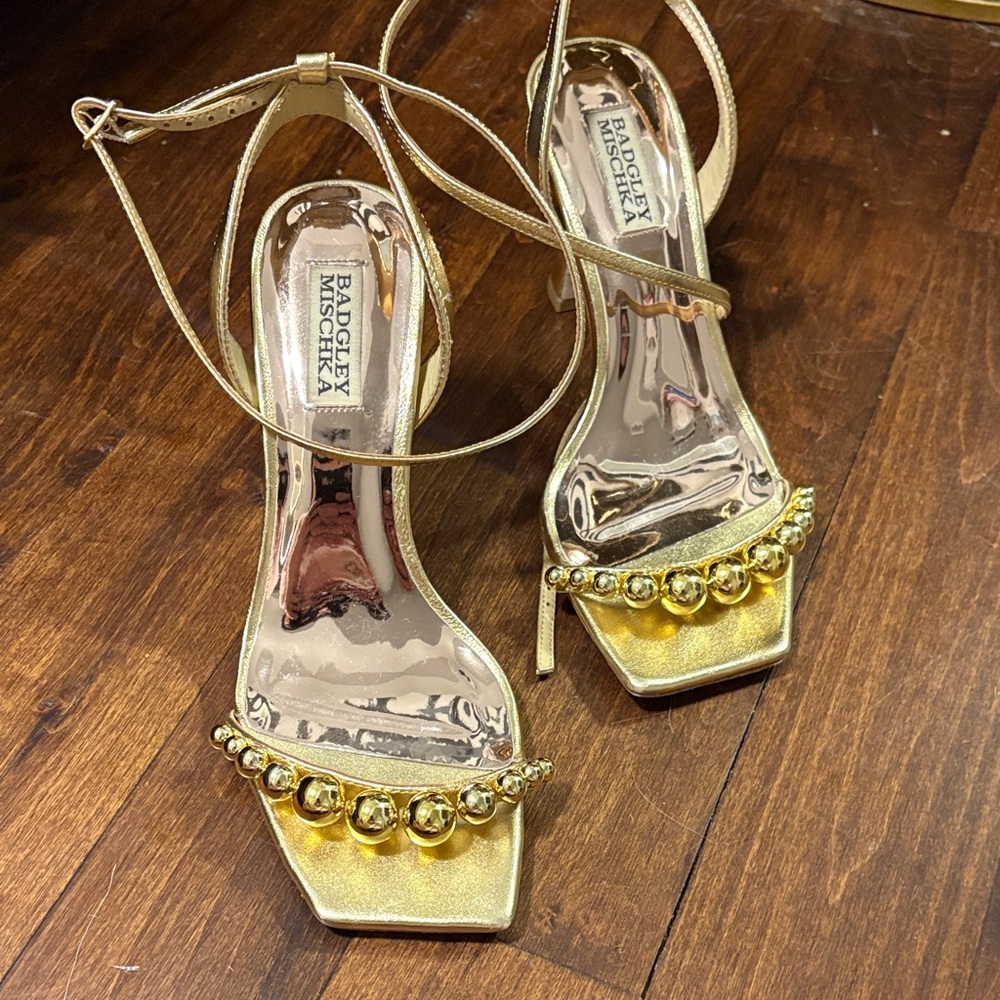 Badgley Mischka Gold Beaded Square-Toe Ankle-Strap Heels